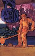 Herbert Paus Pouring molten steel at the Foundary oil painting